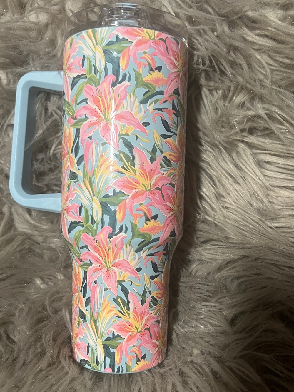 The Spring Shop Pink Floral Tumbler with Light Blue Handle